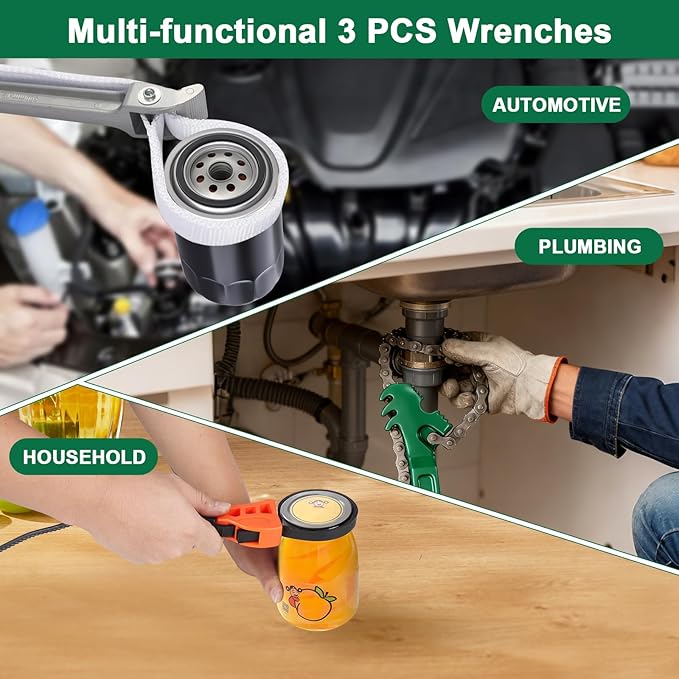 3 Piece Wrench Set:16" Heavy Duty Ratcheting Chain Wrench,12" Aluminum Nylon Strap &6" Rubber Strap Wrench Plumbing,Non-Slip,Complete Spanner Tool Kit for Oil Filter& Household