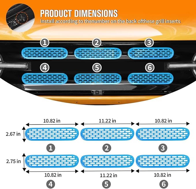 Jimen Compatible with Ford Bronco 2021-2023, 6PCS Front Grille Inserts Mesh Grill Cover Exterior Trim Accessories (Light Blue)
