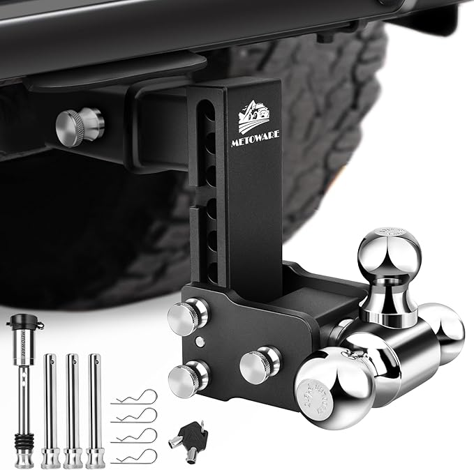 METOWARE Trailer Hitches, Adjustable Trailer Hitch Ball Mount-Fits 2.5" Receiver-Heavy Duty Drop Hitch, Tri-Ball (1-7/8" x 2" x 2-5/16") 6" Drop/Rise, 18,000 GTW and Anti-Theft Stainless Steel Lock