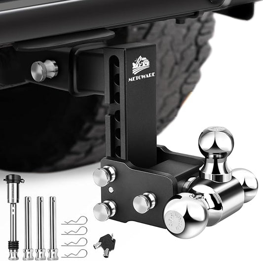 METOWARE Trailer Hitches, Adjustable Trailer Hitch Ball Mount-Fits 2.5" Receiver-Heavy Duty Drop Hitch, Tri-Ball (1-7/8" x 2" x 2-5/16") 6" Drop/Rise, 18,000 GTW and Anti-Theft Stainless Steel Lock