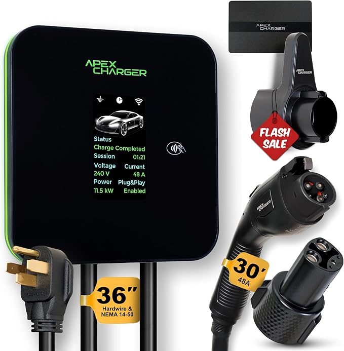 MACH 2:Fast Level 2 EV Charger 48 amp Garage-pro Wall-Mount. Electric Vehicle Charging Station 4 Nema 14-50 Outlet. J1772 car Connector. Key Accessories: 30ft Cable & Tesla NACS evse Portable Adapter