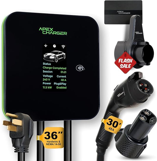 MACH 2:Fast Level 2 EV Charger 48 amp Garage-pro Wall-Mount. Electric Vehicle Charging Station 4 Nema 14-50 Outlet. J1772 car Connector. Key Accessories: 30ft Cable & Tesla NACS evse Portable Adapter