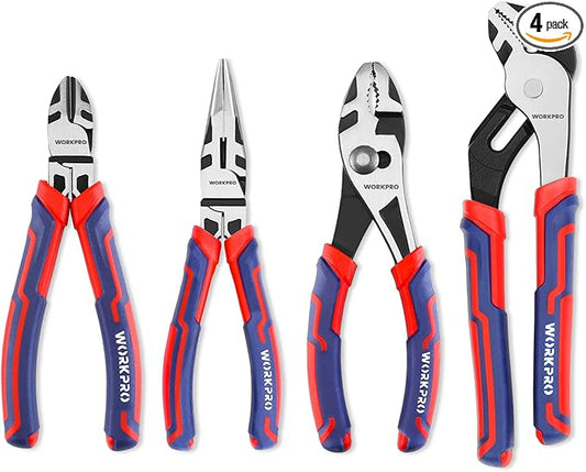 WORKPRO 4-Piece Pliers Set - Premium CR-V Construction Tool Set Including Long Nose, Diagonal Cutting, Groove Joint and Slip Joint Pliers - Red