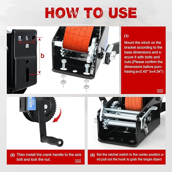 Nilight Boat Trailer Winch 3500 LBS Hand Crank Winch Heavy Duty Boat Winches with 33 FT Orange Strap Rope Hook Two Way Ratchet 4:1 8:1 Gear Portable Marine Manual Winch for Trailers Boat RV ATV Towing