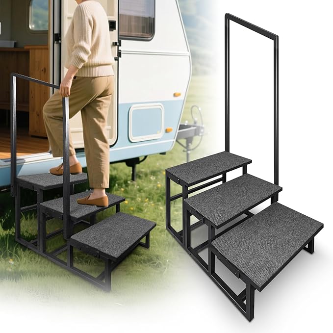 3-Step RV Step Stool with Handrail, Wider Steps with Anti-Slip Mat & Base Support, Mobility Aid Ladder for Senior, High RV, Hot Tub, Porch