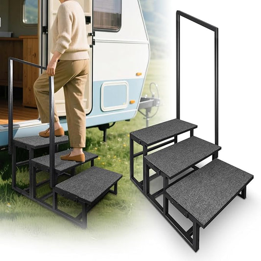 3-Step RV Step Stool with Handrail, Wider Steps with Anti-Slip Mat & Base Support, Mobility Aid Ladder for Senior, High RV, Hot Tub, Porch