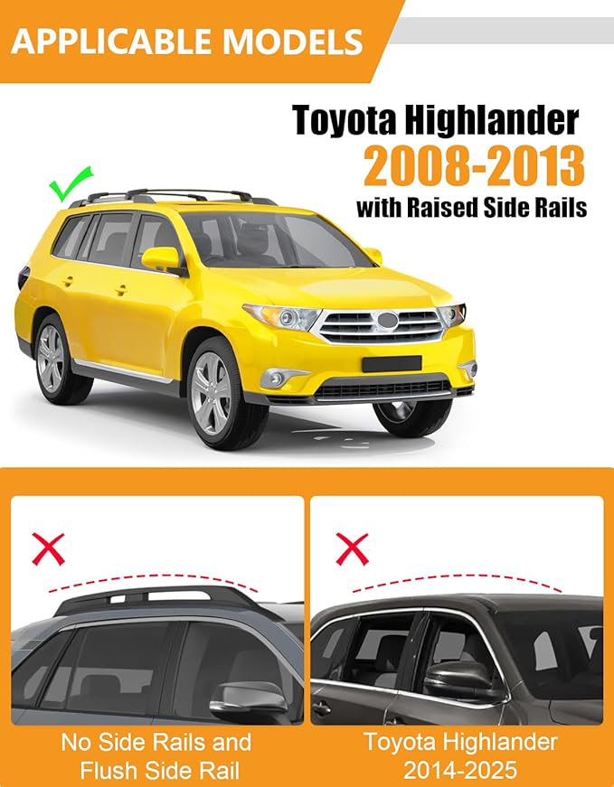 KINGGERI 300lbs Lockable Roof Rack Cross Bars Compatible with Toyota Highlander 2008-2013 with Raised Side Rails, Heavy Duty Aluminum Roof Rails Crossbars Luggage Skiboard Car SUV Accessories
