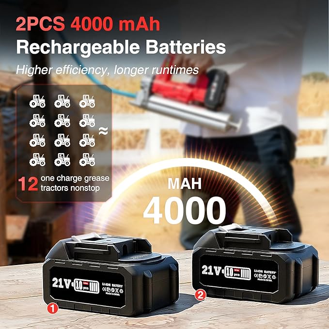 High-Efficiency Electric Grease Gun, 10000 PSI Battery Powered Grease Gun with 2 * 4.0Ah Batteries and Charger, for Farmers, Mechanics, and Equipment Owners, Red