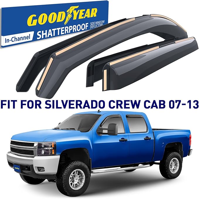 Goodyear Shatterproof in-Channel Window Deflectors for Trucks Chevrolet (Chevy) Silverado/GMC Sierra 2007-2013 Crew Cab, Rain Guards, Window Visors, Vent Deflector, Truck Accessories, 4 pcs- GY003400