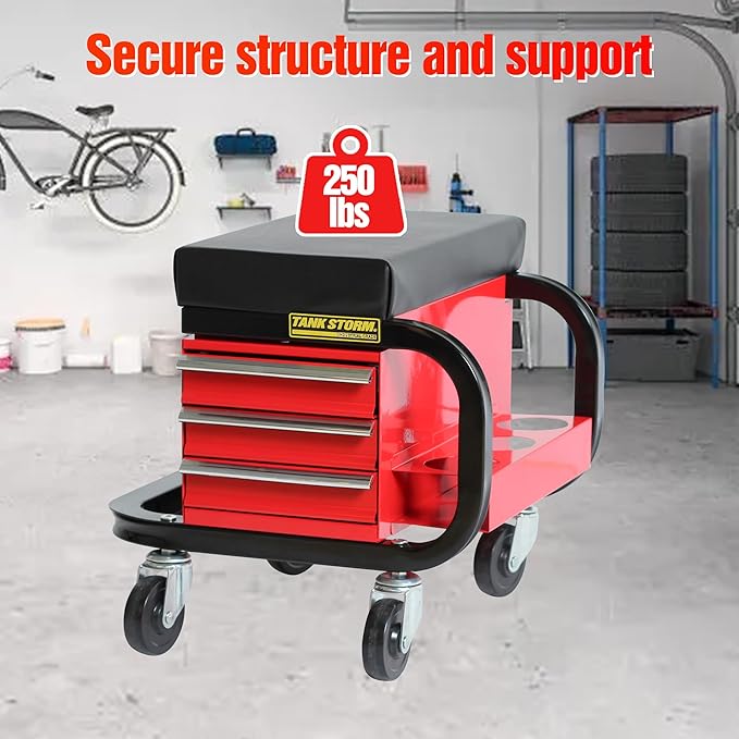 Tool Box Built-in Creeper Seat, Garage Shop Roller Seat, 3 Drawers Heavy Duty Tool Chest with 4 Rolling Casters-350 Lbs Capacity