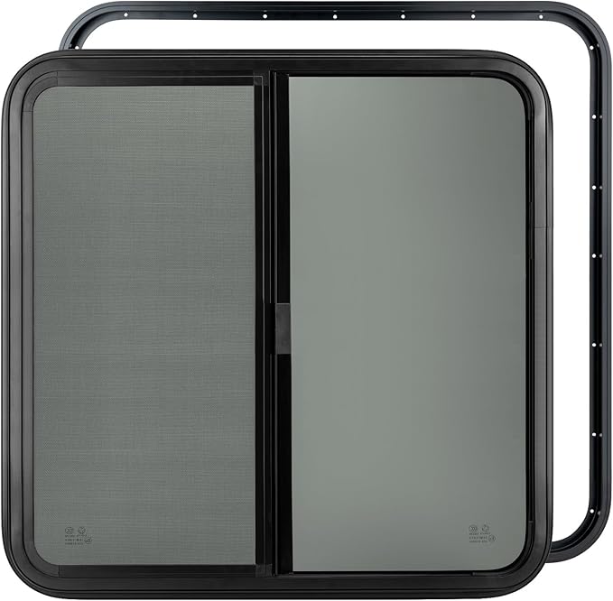 Dulepax Horizontal RV Window, 24" W x 24" H Tinted Slide Trailer Window, Tempered Glass Camper Window Replacement with Net Screen and Trim Ring, DOT Approved