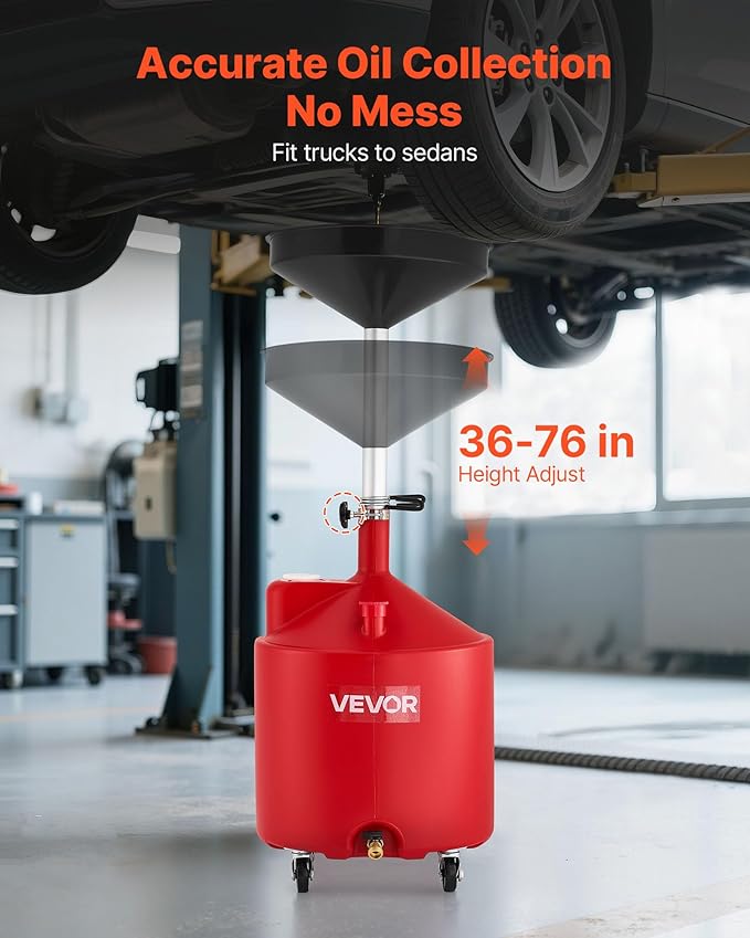 VEVOR 18 Gallon Waste Oil Drain Tank, Industrial Fluid Drain Tank with Adjustable Funnel Height, Portable Oil Drainer with Wheels, Fluid Fuel Transfer Drainage for Auto Repair Shops, Garages, Red