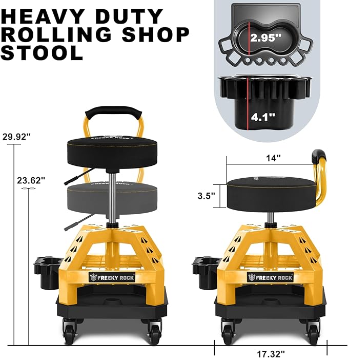 Rolling Shop Stool with Wheels, Heavy Duty Garage Work Mechanic Stool with Backrest, Adjustable Height 360°Swivel Rolling Chair with Tool Tray Storage, 330 LBS Capacity, Yellow
