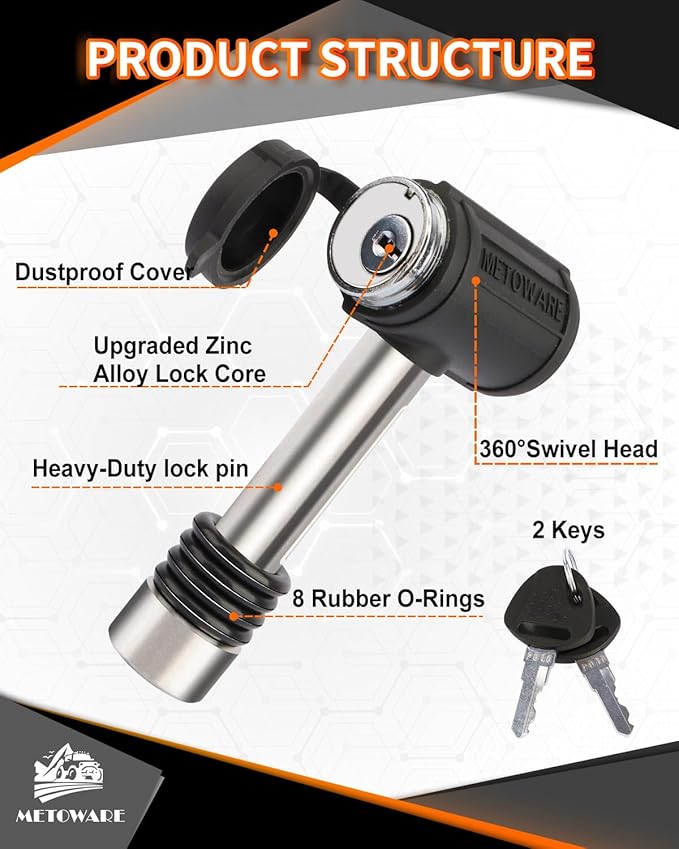 METOWARE Swivel Head Trailer Hitch Receiver Lock, Stainless Steel, 1/2" Diameter Pin Lock with 5/8" Adapter, 2-3/4" Pin Fits 2" Receiver, Class III & IV
