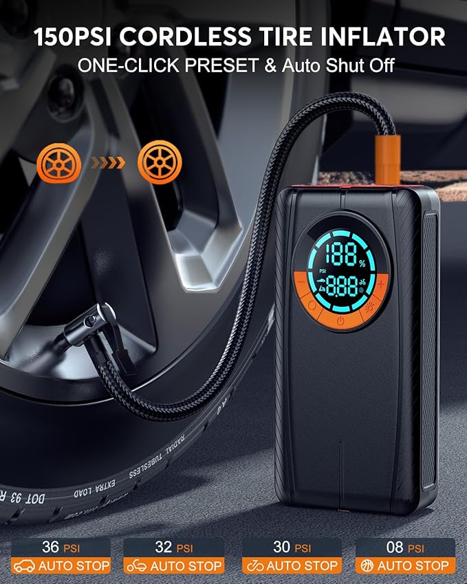 Jump Starter with Air Compressor, Car Battery Jump Starter (8.0 Gas/7.0L Diesel), Battery Jumper Starter Portable Jump Box, 12V Portable Car Jump Starter with Tire Inflator, LED Light (Model)