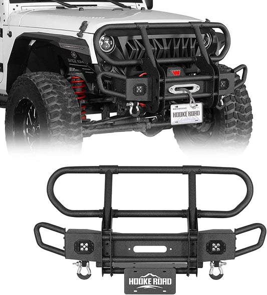 Hooke Road Wrangler Stubby Front Bumper Brush Guard Bull Bar for 2007-2018 Jeep Wrangler JK & Unlimited 2/4 Doors, Rock Crawler Tubular Offroad Bumper with Winch Plate, Lights & D-rings
