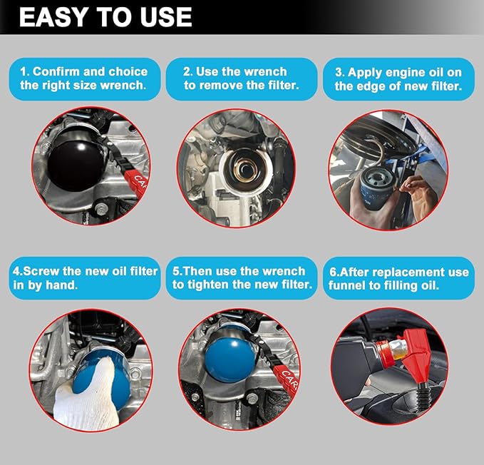 7pcs Oil Filter Wrench Set with Small Oil Funnel for Oil Change, Adjustable Oil Filter Removal Tool 2-1/16"-5-1/4"