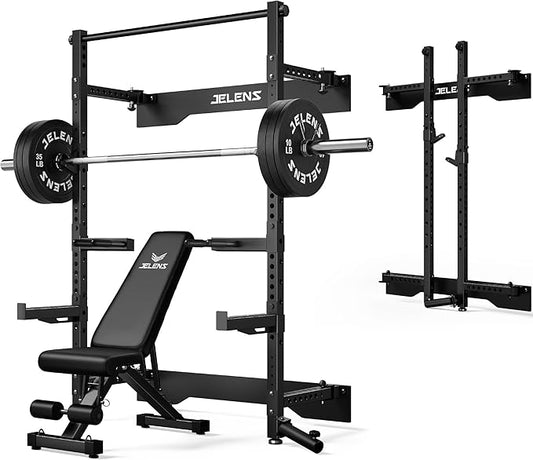 Folding Squat Rack, Wall Mounted Power Rack for Home Gym, Space Saving Multi-Functional Power Cage with Attachments