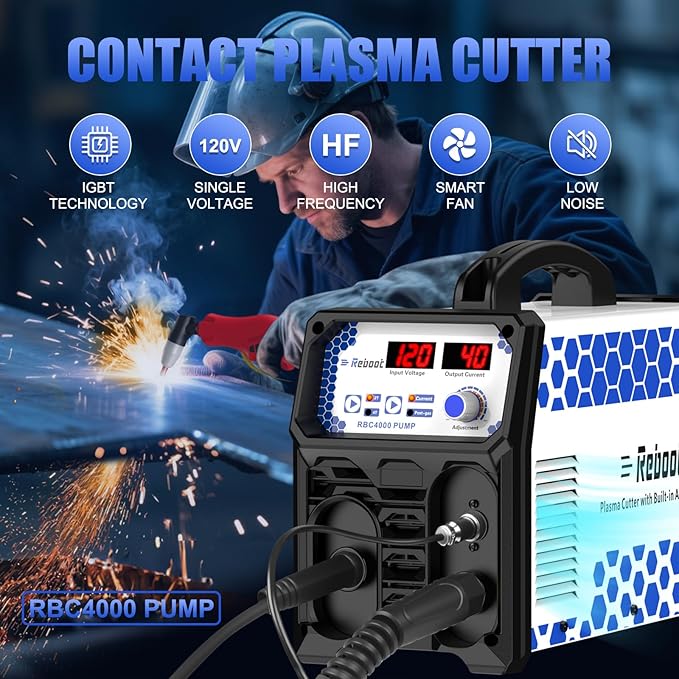 Reboot Plasma Cutter With Built In Air Compressor 40A 120V IGBT Inverter Digital Cutting Machine, 3/8 Inch Clean Cut And 3/5 Inch Max Cut High Frequency