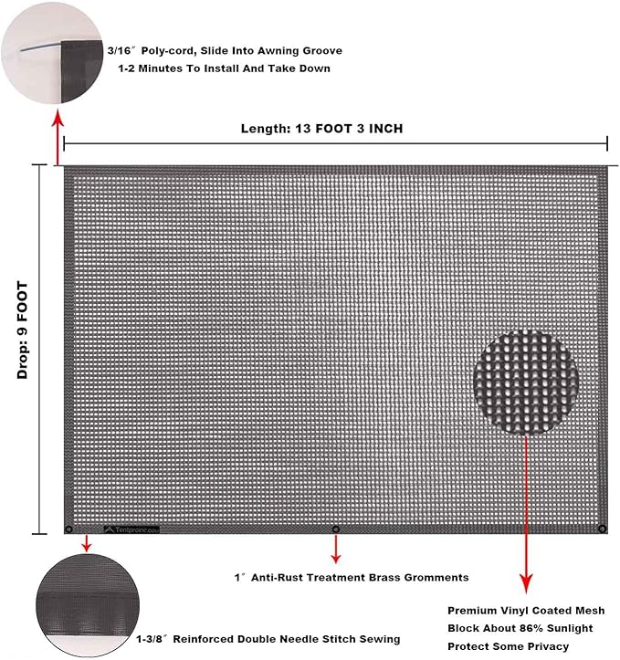 Tentproinc RV Awning Sun Shade Screen 9' X 13' 3'' (Fit for 14' Awning) Mesh Sunshade Sunscreen UV Blocker Motorhome Camping Trailer Awning Screenshade - 3 Year Warranty (Brown)