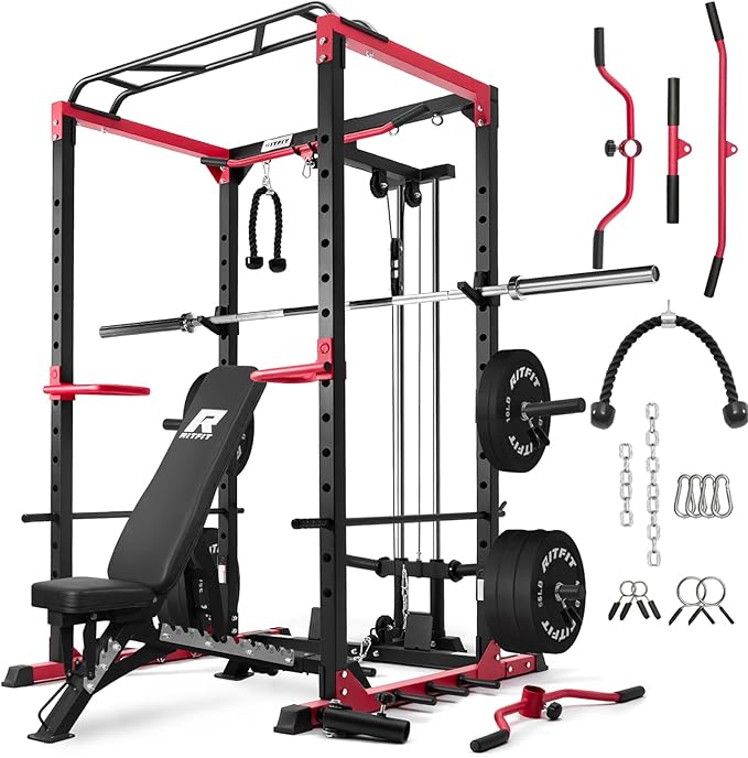 RitFit All-in-One Squat Rack for Home Gym, PPC02C Multi-Function 1000 LBS Capacity Power Cage with LAT Pulldown, Pulley System, Dip Bar, Landmine & More Power Rack Attachments, Package