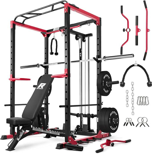 RitFit All-in-One Squat Rack for Home Gym, PPC02C Multi-Function 1000 LBS Capacity Power Cage with LAT Pulldown, Pulley System, Dip Bar, Landmine & More Power Rack Attachments, Package