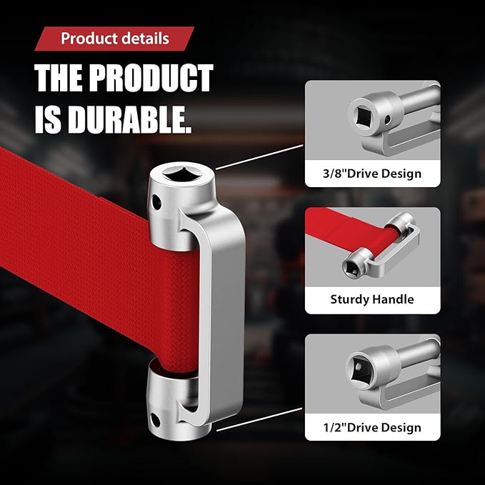 3529D Heavy Duty Strap Oil Filter Wrench Dual Drive (3/8" & 1/2") Design Fits Filters Up to 9" Diameter Durable Nylon Strap and Forged Steel Handle for Easy Removal