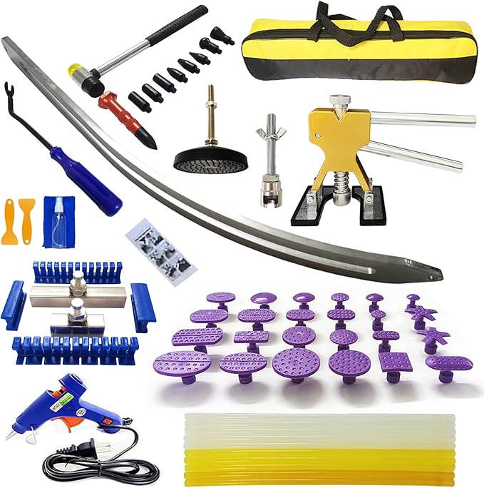 1set Car Dent Removal Kit, Auto Fender Damage Repair Big Curved Rod Crowbar Puller Lifter Rods Tools with Glue Tabs, Glue Sticks, Leveling Tools and More for Car Body Dent Repair