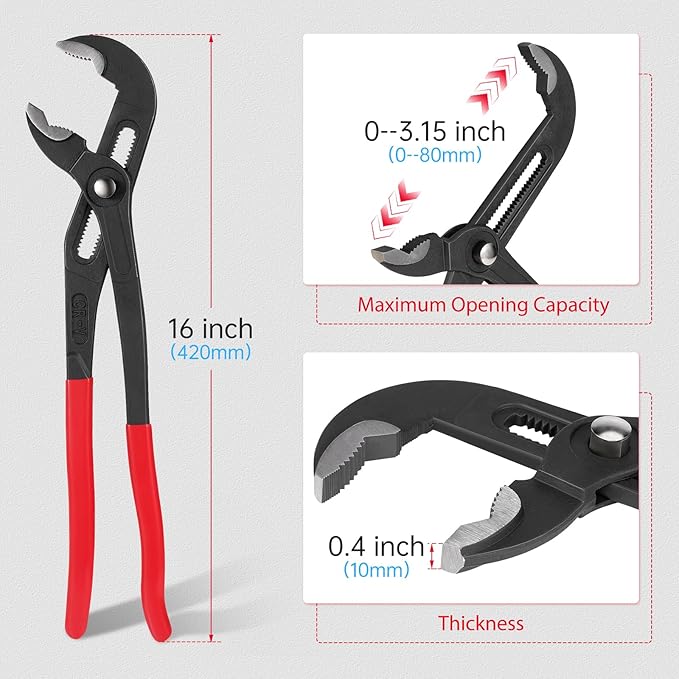 16 inch Tongue-and-Groove Pliers CR-V Adjustable Pliers 0-80mm (0-3.15inch) Large Opening Capacity Groove Joint Pliers Heavy-Duty Tasks Water Pump Pliers
