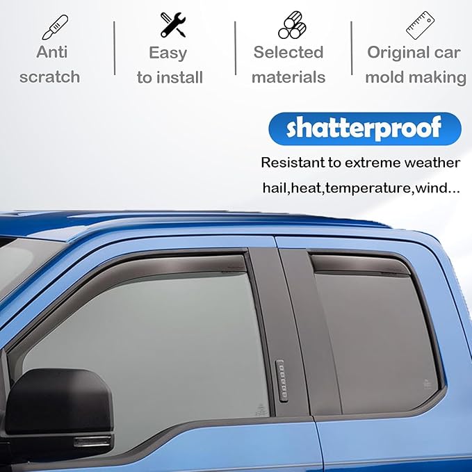 Window Rain Guards for 2019-2025 Dodge Ram 1500 Crew Cab(New Body Style), Tape-on Window Visors Wind Deflectors Shade Vent Sun Visors Rain Shields 2020 2021 2022 2023 2024, 4PCS