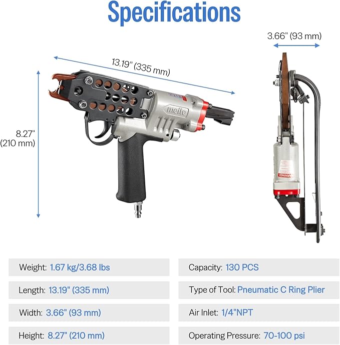meite SC7C-I2 Pneumatic Hog Ring Gun, 15 Gauge 3/4" Crown Hog Ring Pliers, 5.5-6.0 mm Closure, Upgrade Trigger Air C Ring Stapler for Mattress, Seat Assembly, Wire Cages, and Fencing