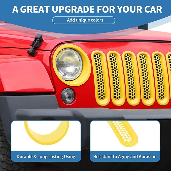 for Jeep JK Front Grille Inserts & Headlight Cover Trim Ring for Jeep Wrangler JK JKU 2007-2017 Yellow Exterior Accessories 9pcs