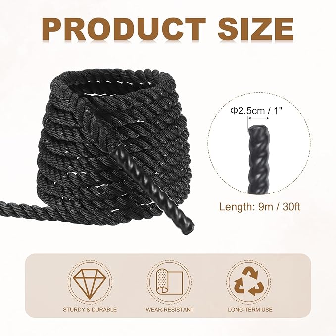 MECCANIXITY Battle Rope 30ft x 1 Inch Polyester Workout Rope Heavy Fitness Exercise Rope for Strength Training Home Gym Muscle Building, Black Yellow