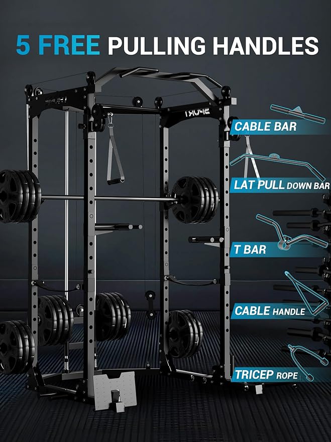 Power Cage, Multi-Functional Power Racks for Home Gym with Cable System, 1600LBS Weight Capacity Fitness Reality Squat Rack for Strength Workout with More Training Attachment,Black