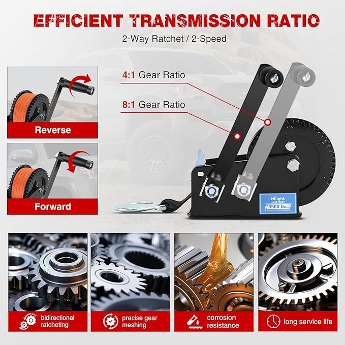 Nilight Boat Trailer Winch 3500 LBS Hand Crank Winch Heavy Duty Boat Winches with 33 FT Orange Strap Rope Hook Two Way Ratchet 4:1 8:1 Gear Portable Marine Manual Winch for Trailers Boat RV ATV Towing