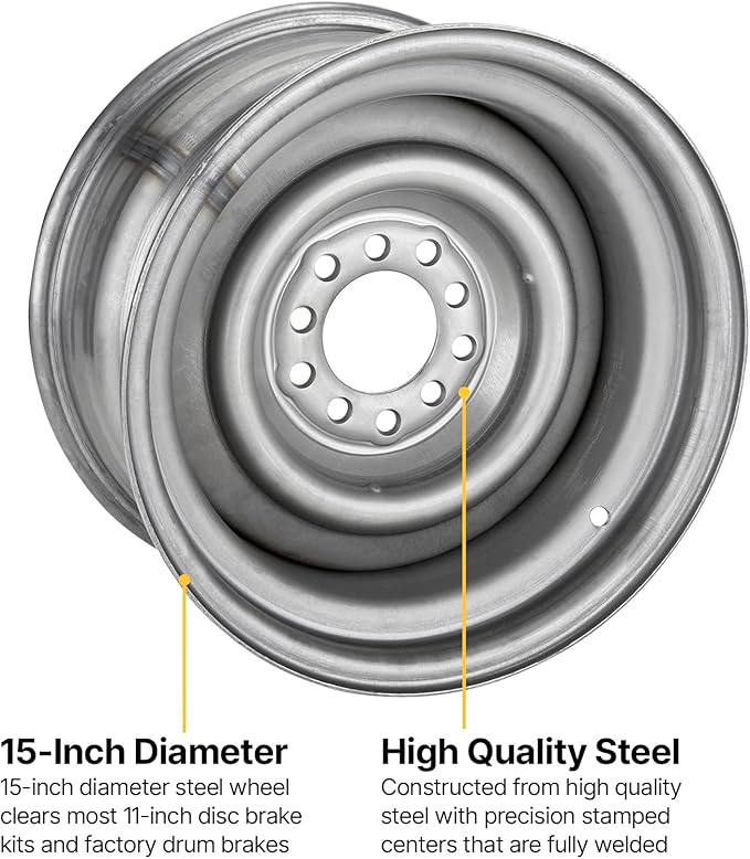 Speedway Motors Smoothie 15 x 8 Plain Steel Wheel, 5 on 4.5/4.75 Dual Bolt Patterns, 4.25 Wheel Backspacing, 3/16 Inch Thick Steel Centers with Reinforcing Rib