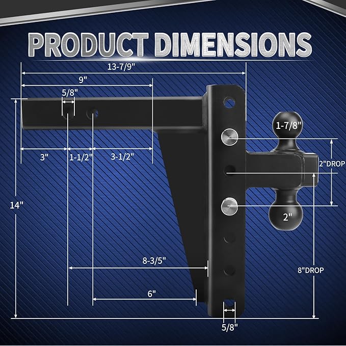METOWARE Adjustable Trailer Hitch - Heavy Duty Tow Hitch (22,000 LBS GTW) Fits 2'' Receiver - 8'' Drop/Rise for Truck with 1-7/8" & 2" Hitch Ball, with Double Stainless Steel Locks & Hitch Pin