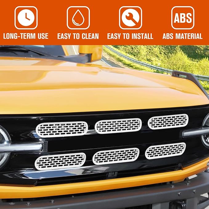 Jimen Compatible with Ford Bronco 2021-2023, 6PCS Front Grille Inserts Mesh Grill Cover Exterior Trim Accessories (White)