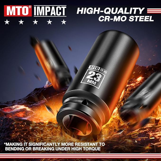 MTO 1/2" Drive 23mm Deep Impact Socket, 6 Pt. Metric Socket, CR-MO Steel & Anti-Corrosion Coating for Heavy-Duty Use