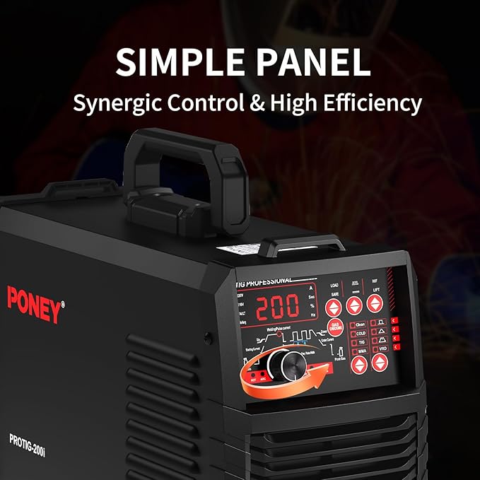 PONEY TIG Welder 200 Amp 5 In 1 TIG Welding Machine DC TIG/Spot TIG/Pulse TIG/Stick, 110V/220V Dual Voltage with Large Digital Display