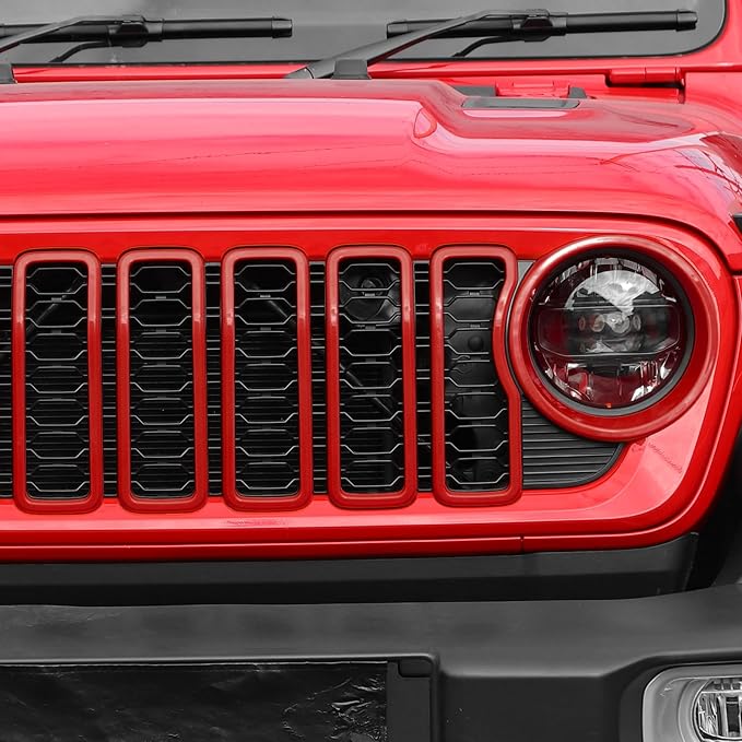 Jimen for 2024 Jeep Wrangler 4xe grill inserts, 9PCS Headlight Cover & Grille Insert Compatible with Jeep Wrangler JL JLU 2024+, NOT FIT JL Sport/Sport S (Red)
