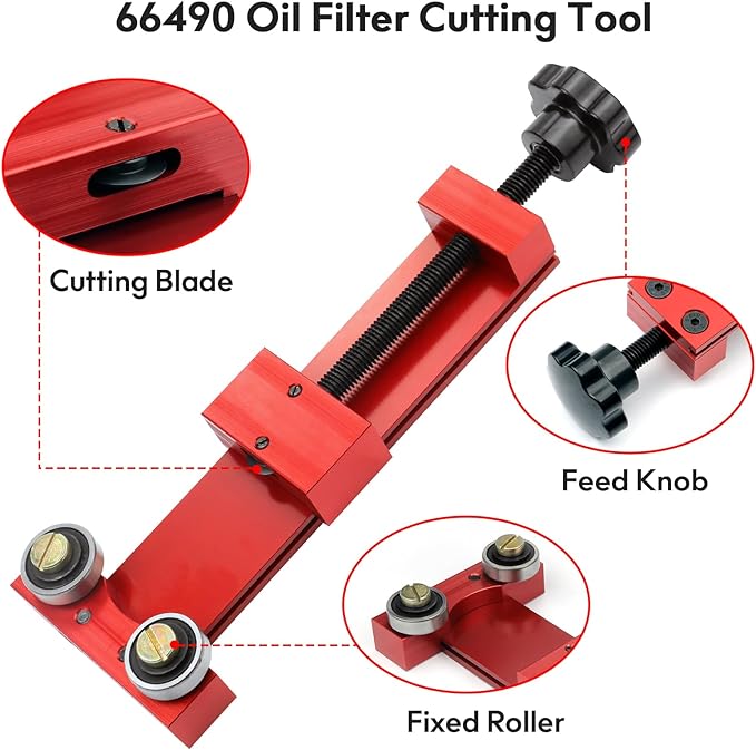66490 Oil Filter Cutter with 3 Blades, Adjustable Cut Range 1-3/4'' to 5-3/4'' Oil Filter Cutting Tool Aluminum, Red