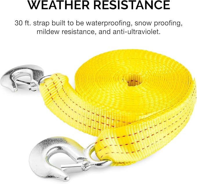NEIKO 51008A Heavy Duty Tow Strap with Hooks, 2” x 30’, 10,000 LB Capacity, Tow Rope for Vehicles, Cars, Trucks, ATV Tow Strap