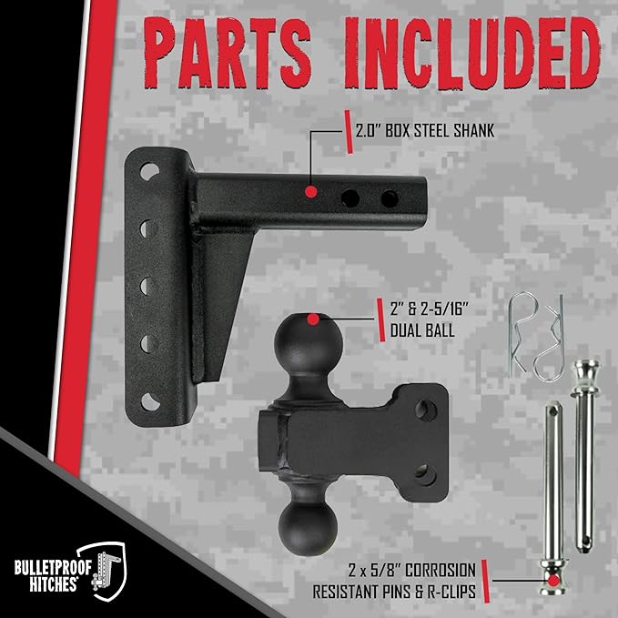 BulletProof Hitches - 2.0" Adjustable Medium Duty Trailer Hitch (14,000 lb. Rating) - 4" Drop/Rise Trailer Hitch with 2" & 2-5/16" Dual Ball - Powder Coat, Box Steel, Corrosion-Resistant