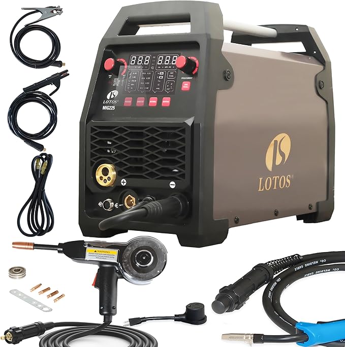 LOTOS MIG225SP MIG Welder with Aluminum Spool Gun, 225A 110/220V, 6 in 1 Gas MIG, Spool Aluminum, Gasless Flux Core, Stick, Lift TIG, Spot, Multi Process Welding Machine Auto Synergistic Setting