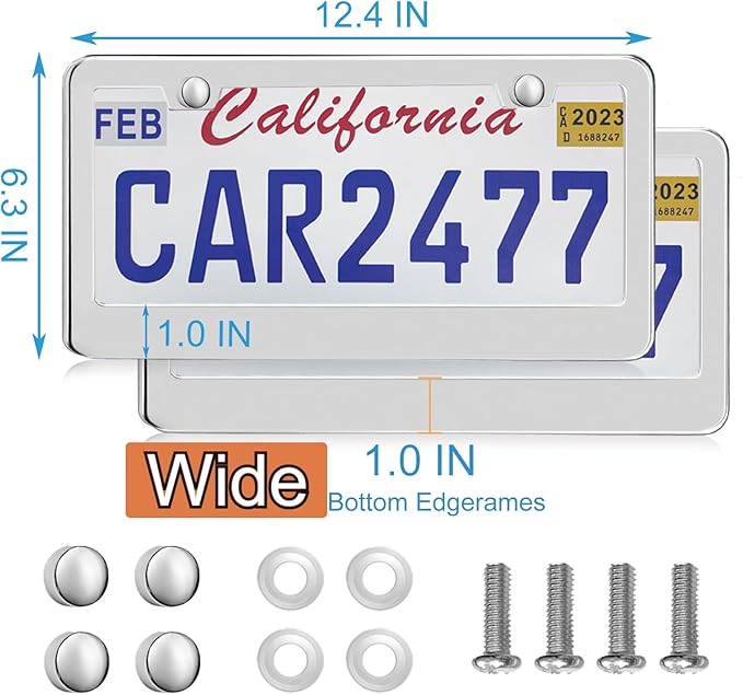 2 Pack Silver License Plate Frames, 2 Holes Rust-Proof Chrome License Plate Holder, Lengnoy Universal Car Stainless Steel Polish Mirror License Plate Cover for Women Man with Screws Caps