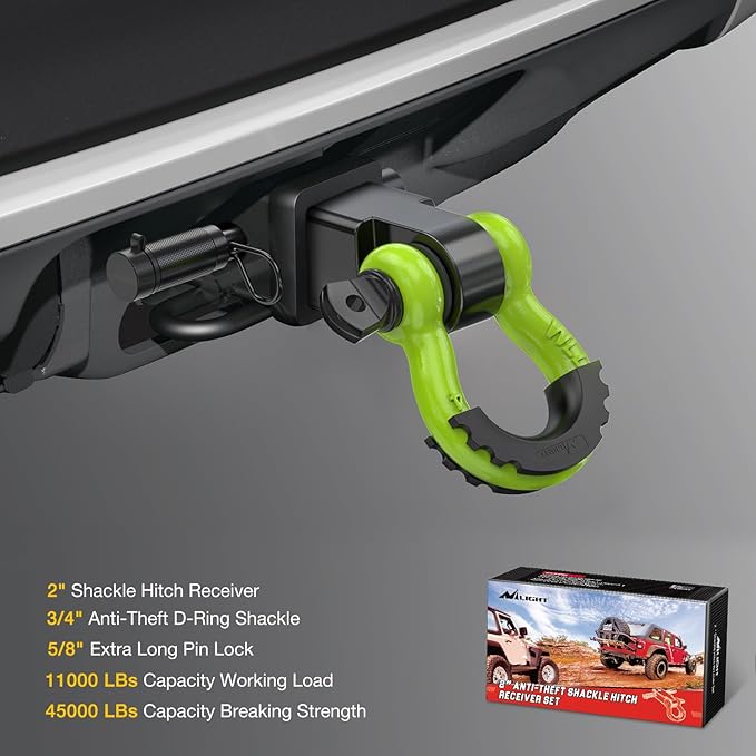 Nilight Anti-Theft Shackle Hitch Receiver 2Inch 45000 LBs Breaking Strength 3/4" Anti-Theft D Ring Shackle 5/8" Trailer Hitch Lock Pin Heavy Duty Solid Towing Kit for Trucks Off Road(Green&Black)