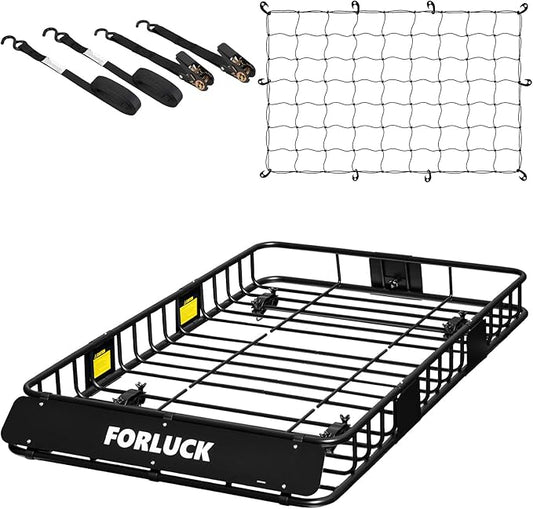 Forluck 64 x 39 x 6 Inch Universal 250 LBS Heavy Duty Roof Rack Cargo Carrier with Net & Ratchet Straps, Extension Rooftop Cargo Carrier, Car Top Luggage Holder for SUV, Truck or RV Steel Construction