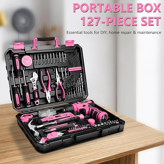 Tool Set：Pink Tool Kit with 8V Cordless Drill, Tool Box with Drill, Hand Drill Set for Men & Women, Home Tool Kits for House Repair, Handyman, DIY 127 Piece