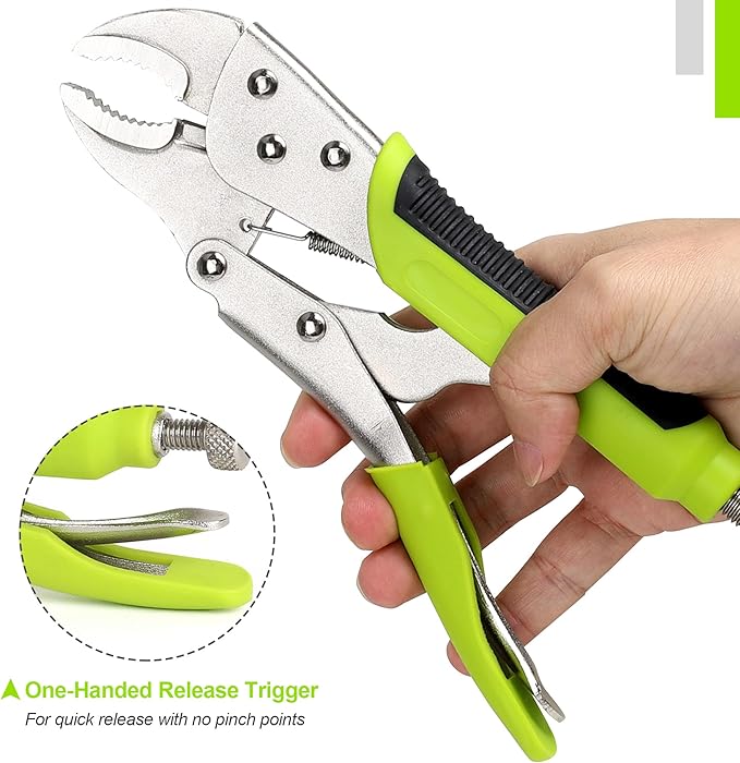 FASTPRO 4-Piece Locking Pliers Set with Heavy Duty Grip, 5", 7" and 10" Curved Jaw, 6-1/2" Long Nose Locking Pliers Included, Vise Grip Wrench Set, Green